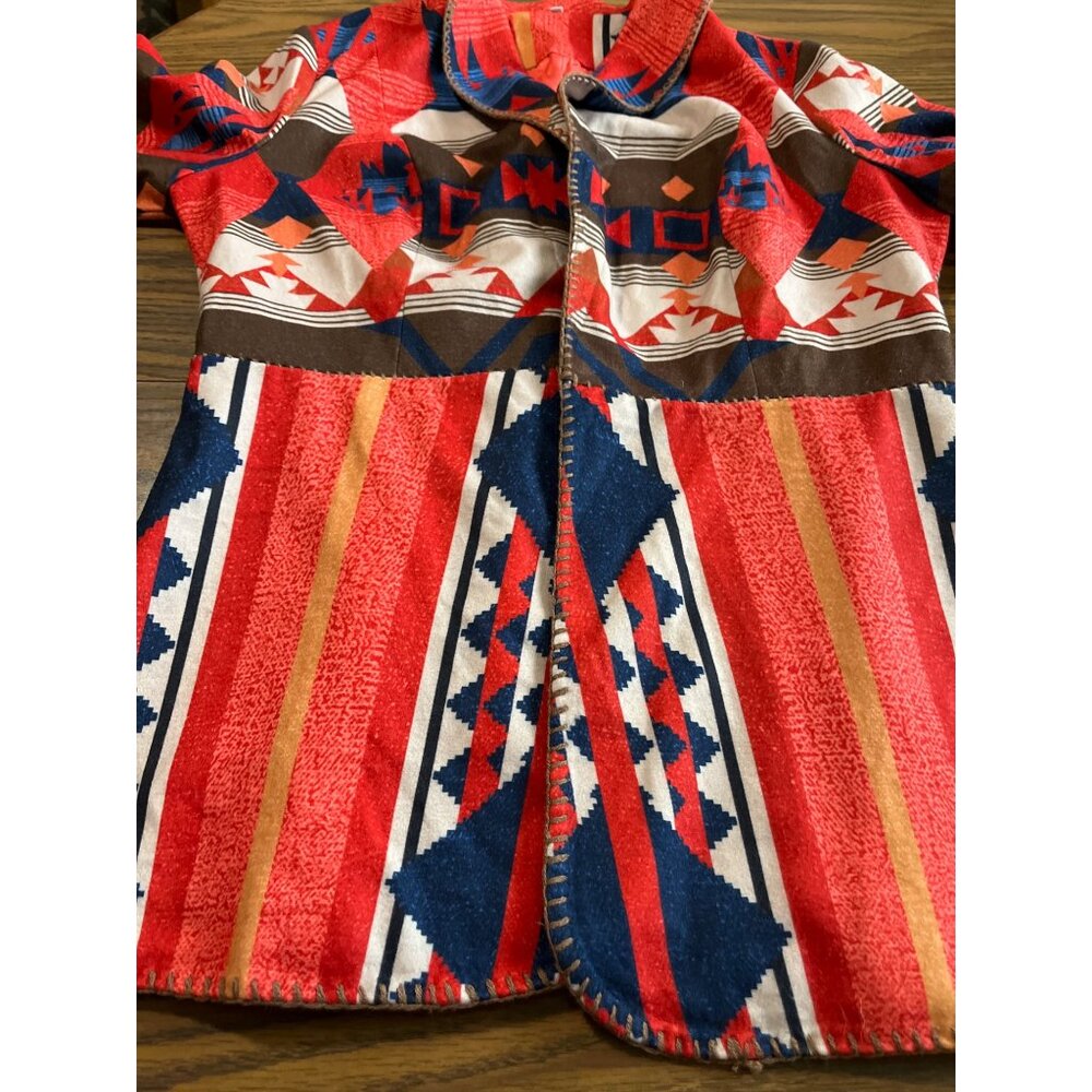 Orange blue white Aztec print open front long ruffled sleeved jacket size Large